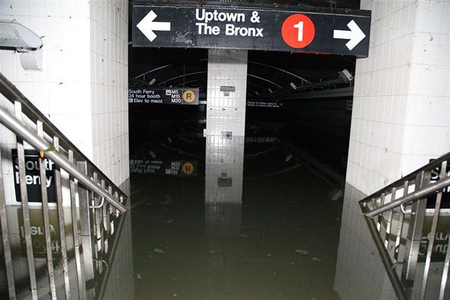 The flooded South Ferry station in 2012, after Sandy hit